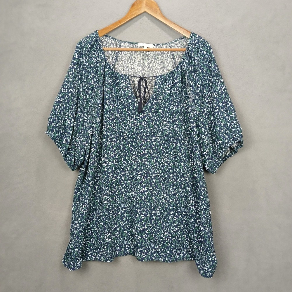 Angels Forever Young Blouse Top Women 3X Multicolor Floral Puff Sleeves Tie Neck